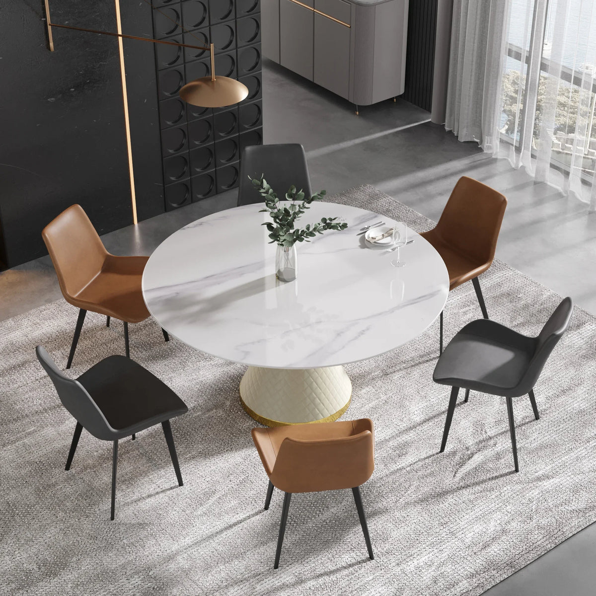 Marbella Sintered Stone Dining Table | 59" White Gloss Round With Leather-Covered Base