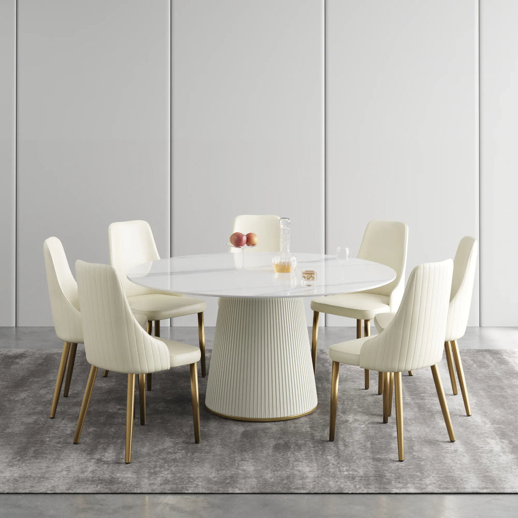 Marbella Sintered Stone Dining Table | 59" White Gloss Round With Leather-Covered Base