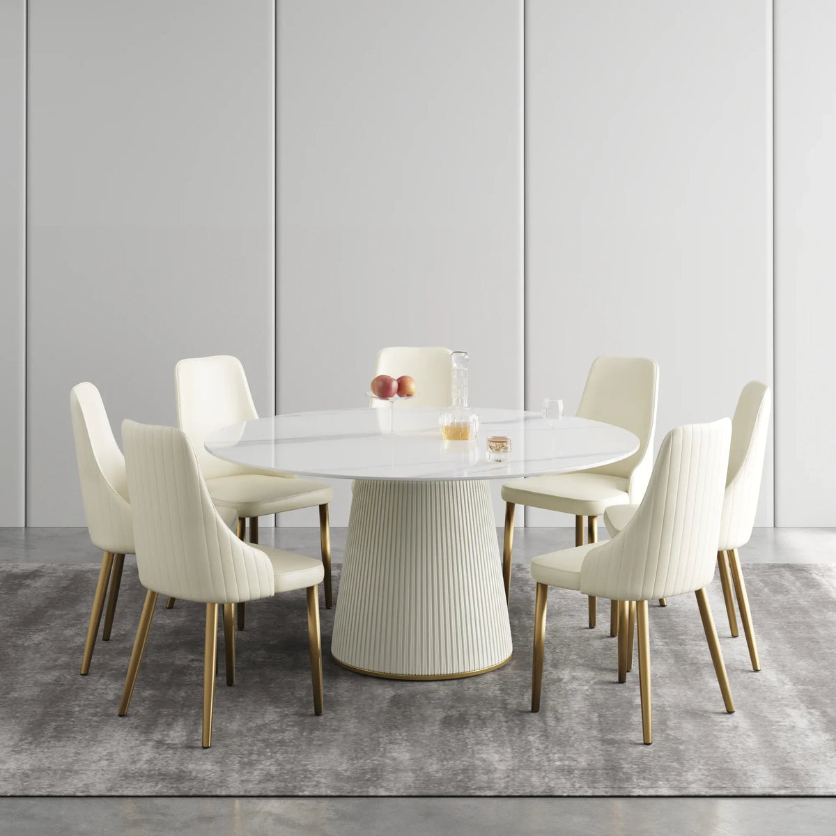 Marbella Sintered Stone Dining Table | 59" White Gloss Round With Leather-Covered Base