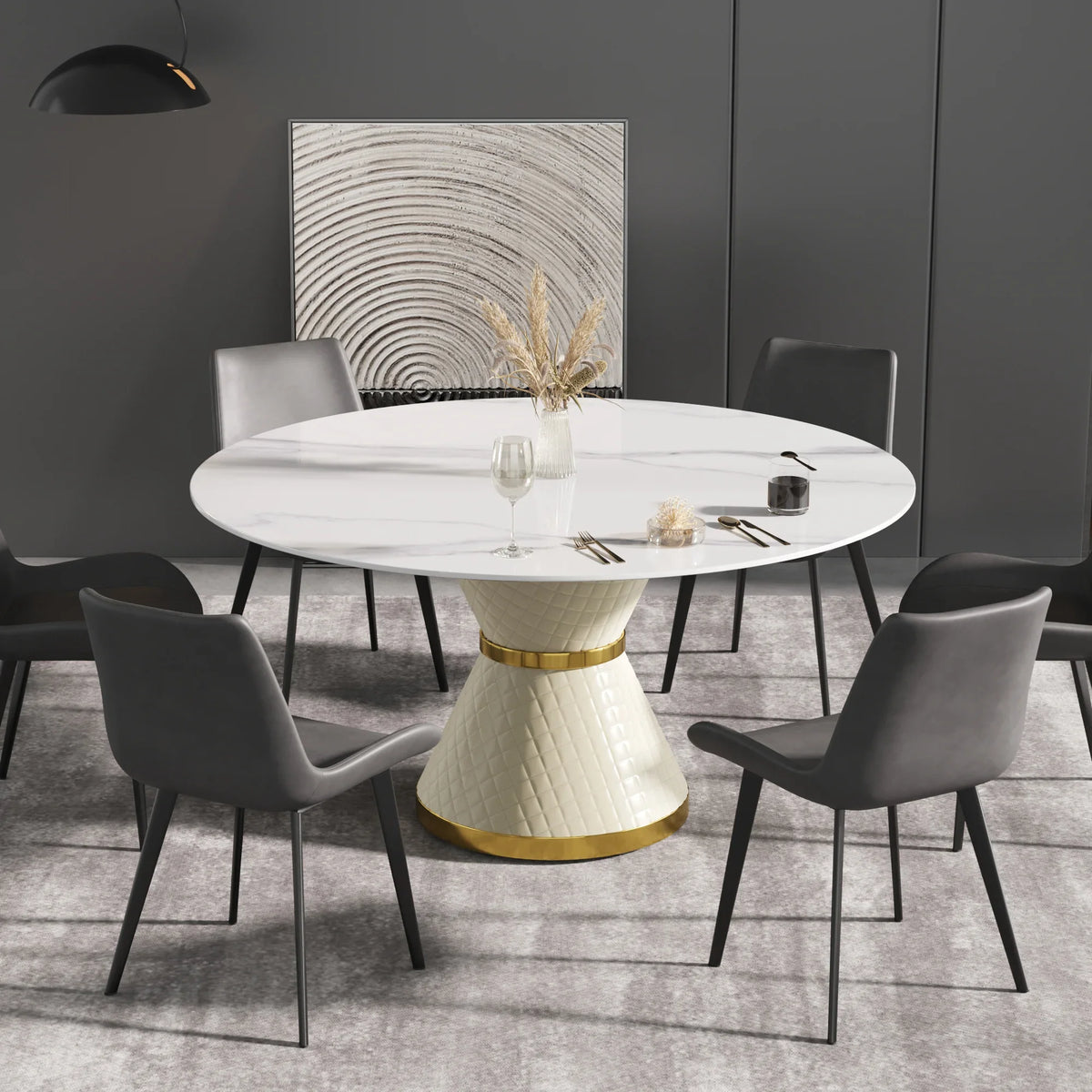 Marbella Sintered Stone Dining Table | 59" White Gloss Round With Leather-Covered Base