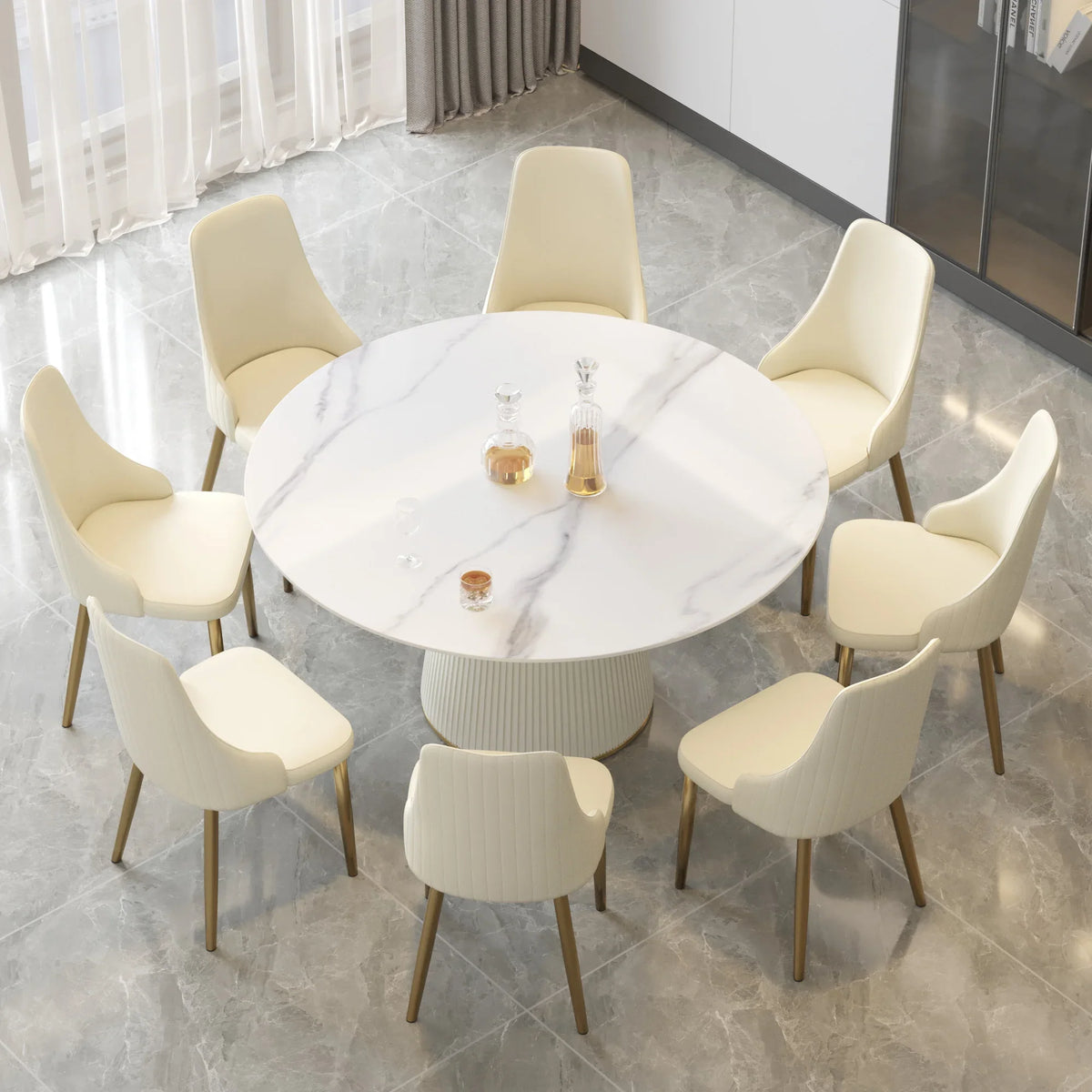 Marbella Sintered Stone Dining Table | 59" White Gloss Round With Leather-Covered Base