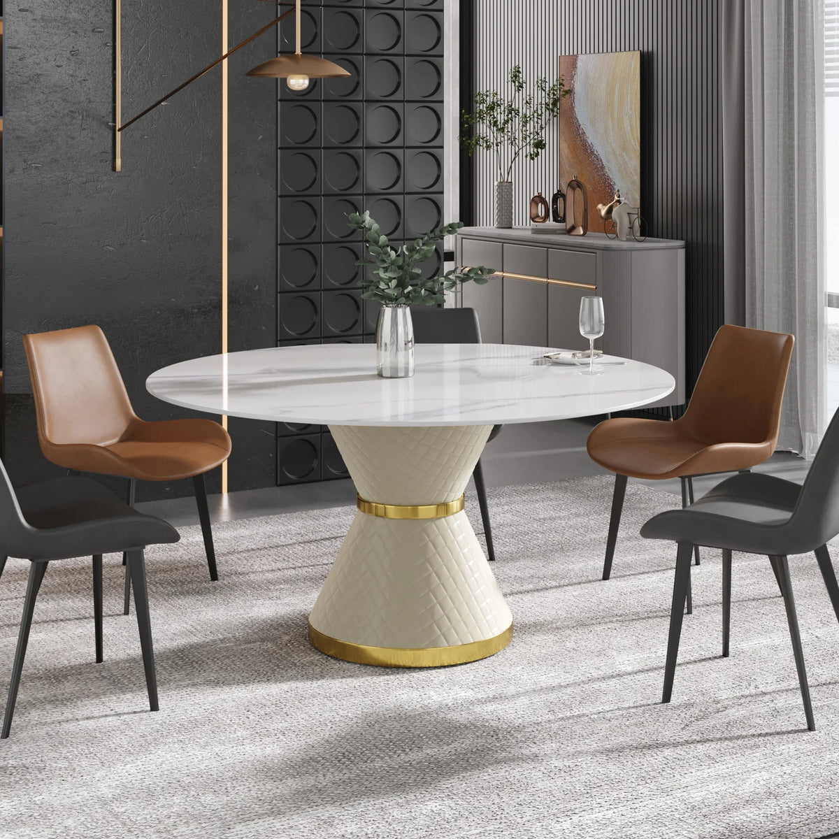 Marbella Sintered Stone Dining Table | 59" White Gloss Round With Leather-Covered Base