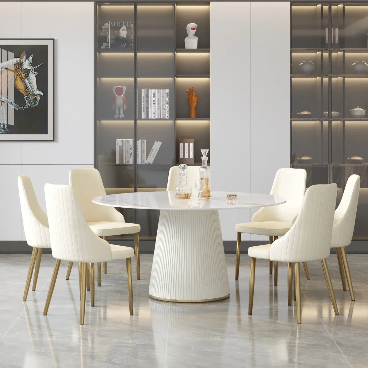 Marbella Sintered Stone Dining Table | 59" White Gloss Round With Leather-Covered Base