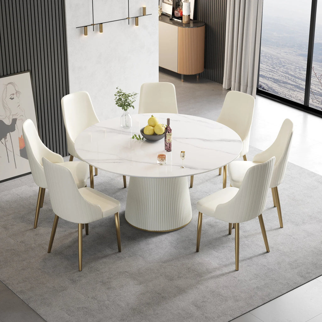 Marbella Sintered Stone Dining Table | 59" White Gloss Round With Leather-Covered Base