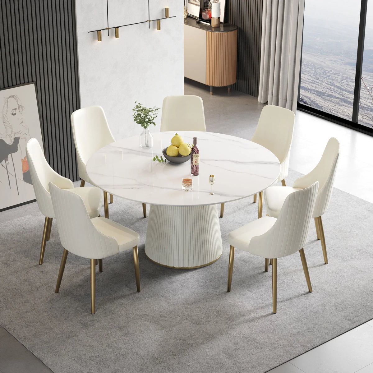Marbella Sintered Stone Dining Table | 59" White Gloss Round With Leather-Covered Base