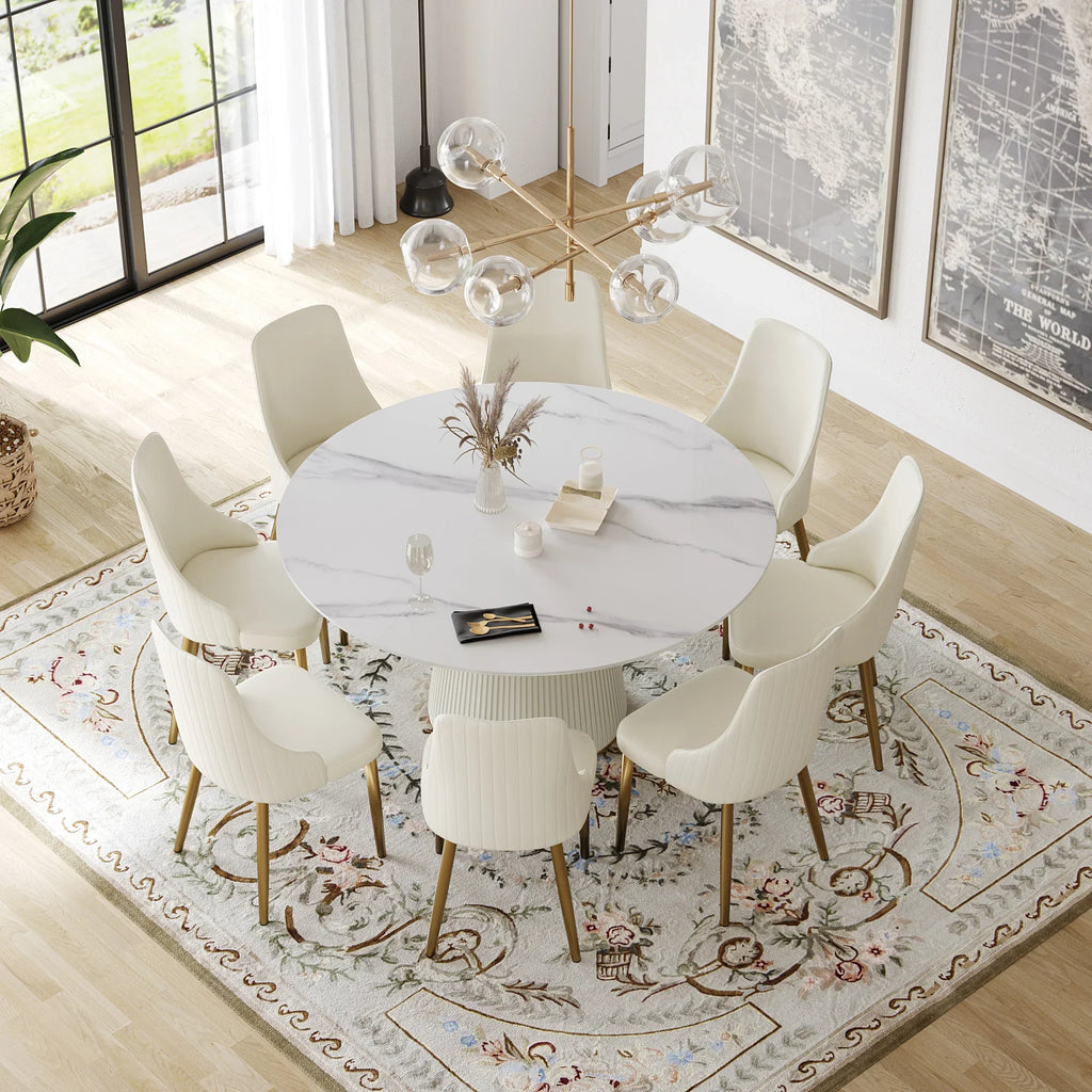 Marbella Sintered Stone Dining Table | 59" White Gloss Round With Leather-Covered Base