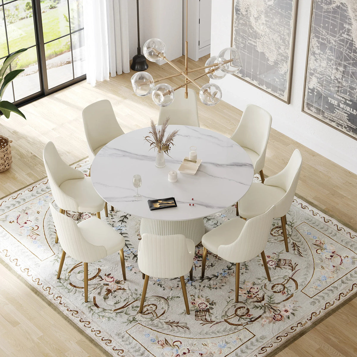 Marbella Sintered Stone Dining Table | 59" White Gloss Round With Leather-Covered Base
