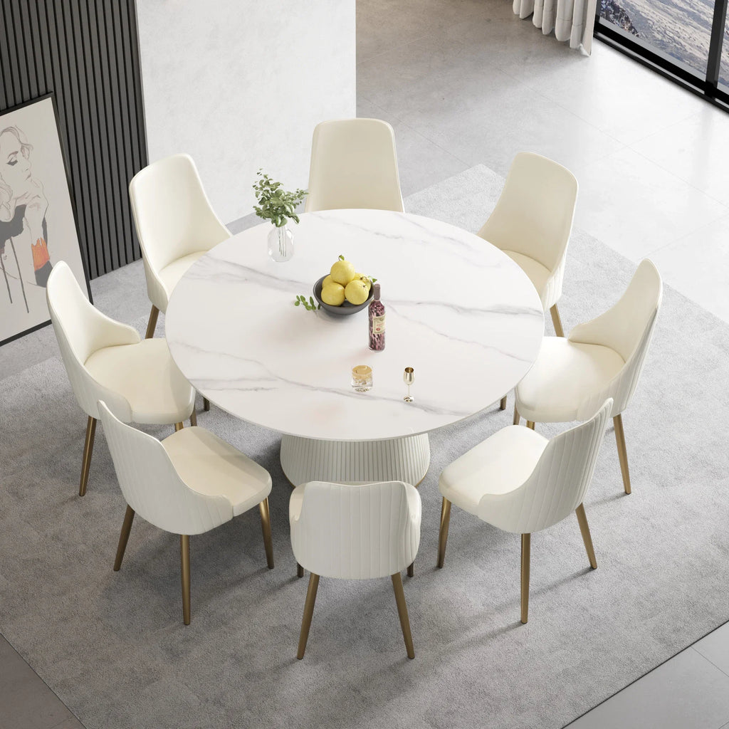Marbella Sintered Stone Dining Table | 59" White Gloss Round With Leather-Covered Base