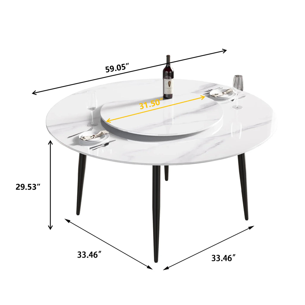 Marbella Sintered Stone Dining Table | 59" White Gloss Round With Metal Base & Lazy Susan