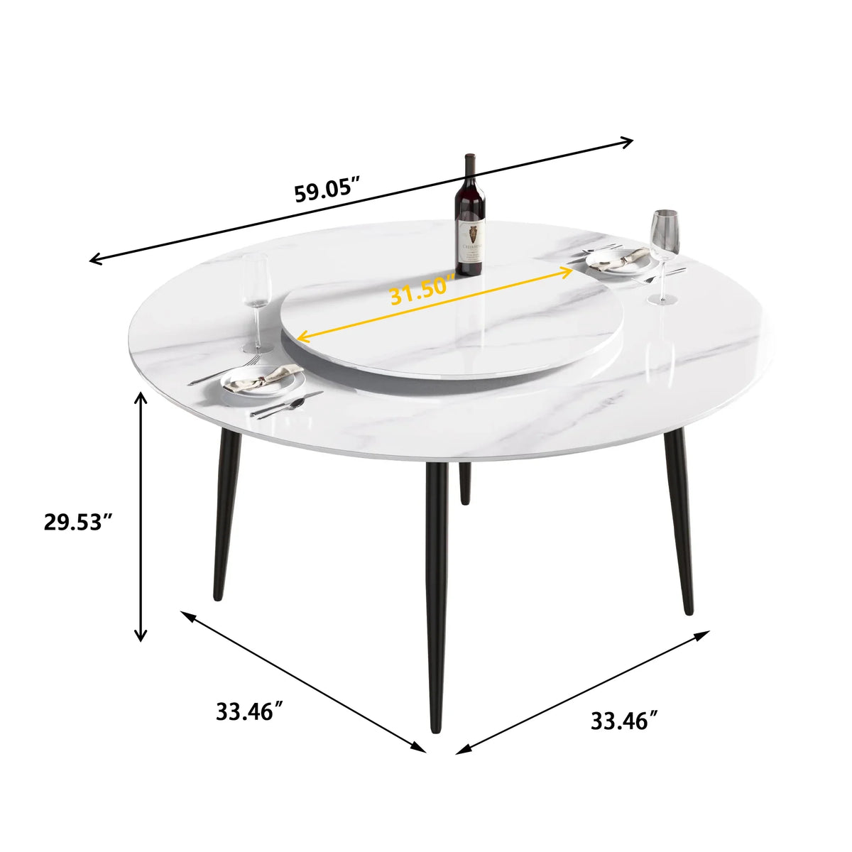 Marbella Sintered Stone Dining Table | 59" White Gloss Round With Metal Base & Lazy Susan