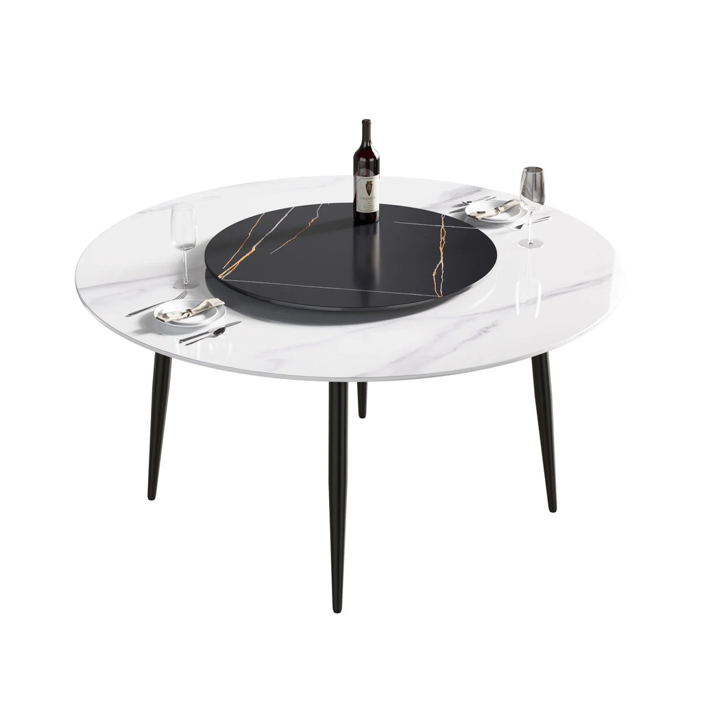 Marbella Sintered Stone Dining Table | 59" White Gloss Round With Metal Base & Lazy Susan