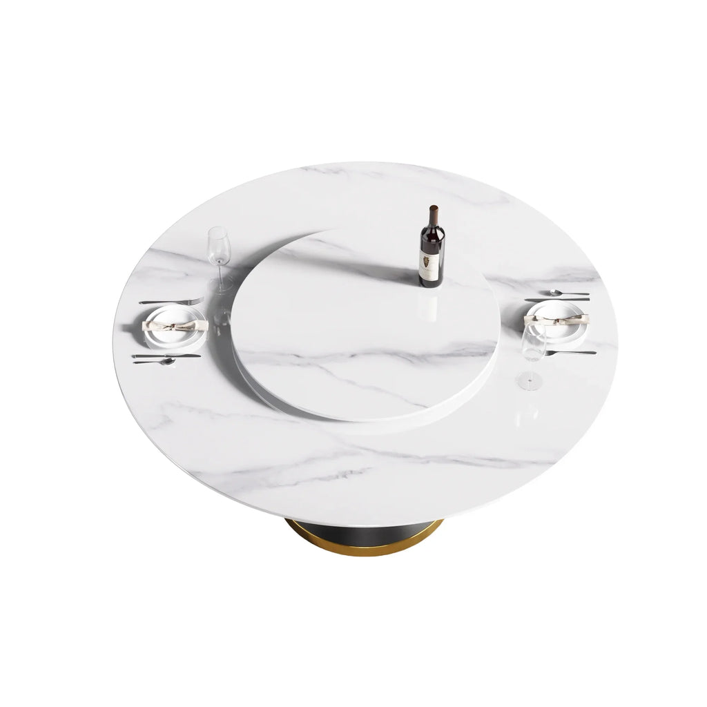 Marbella Sintered Stone Dining Table | 59" White Gloss Round With Metal Base & Lazy Susan