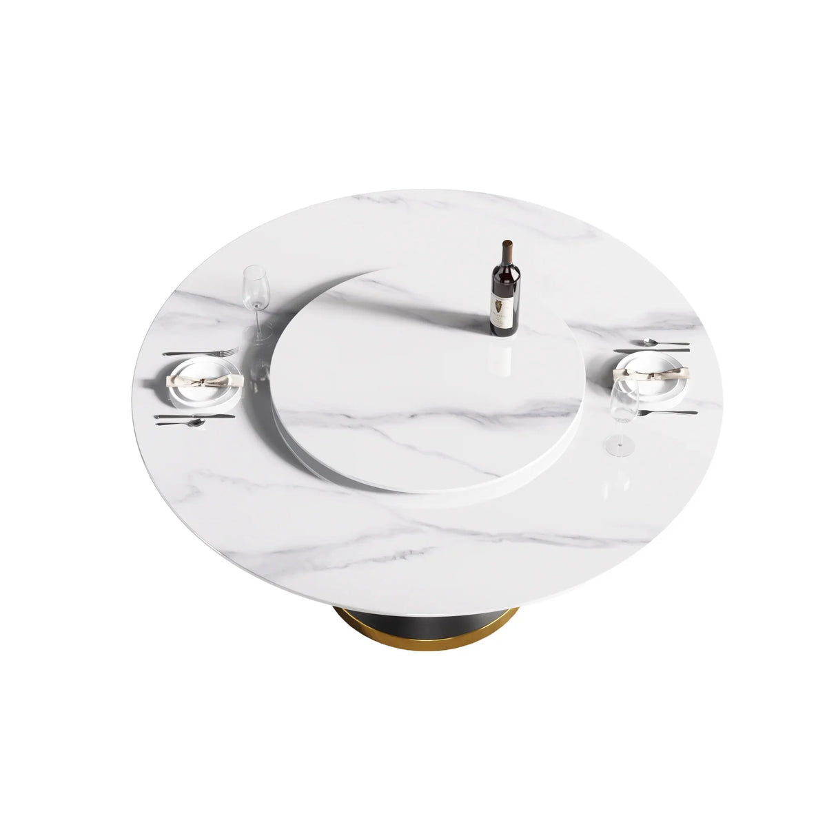 Marbella Sintered Stone Dining Table | 59" White Gloss Round With Metal Base & Lazy Susan