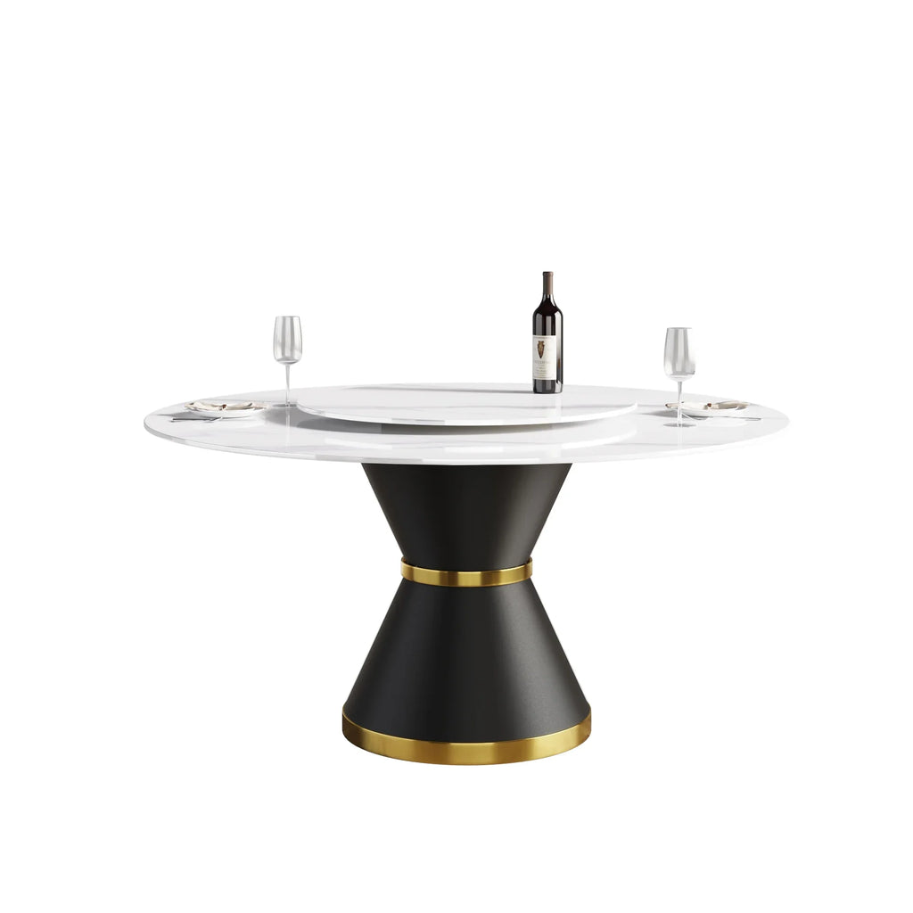 Marbella Sintered Stone Dining Table | 59" White Gloss Round With Metal Base & Lazy Susan