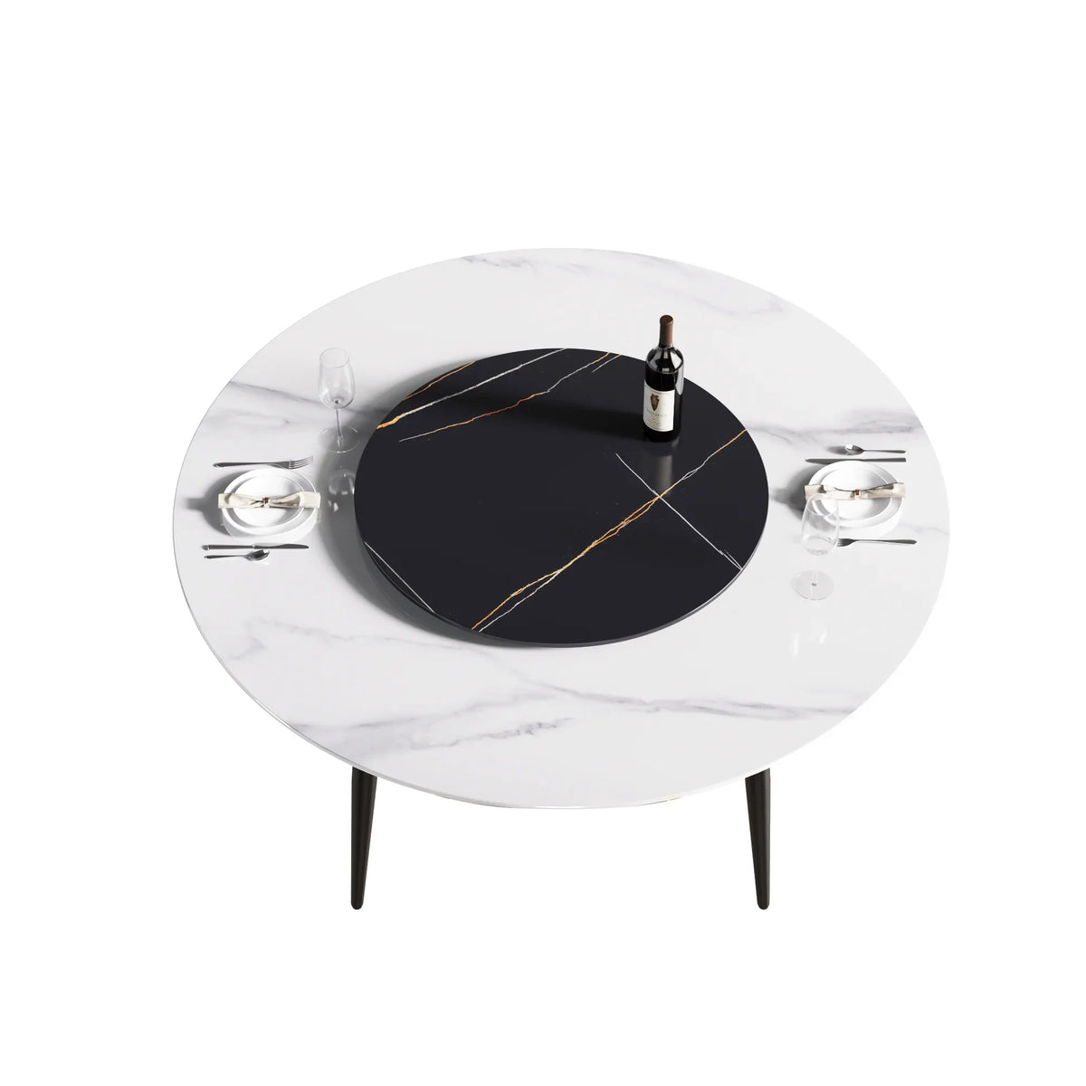 Marbella Sintered Stone Dining Table | 59" White Gloss Round With Metal Base & Lazy Susan