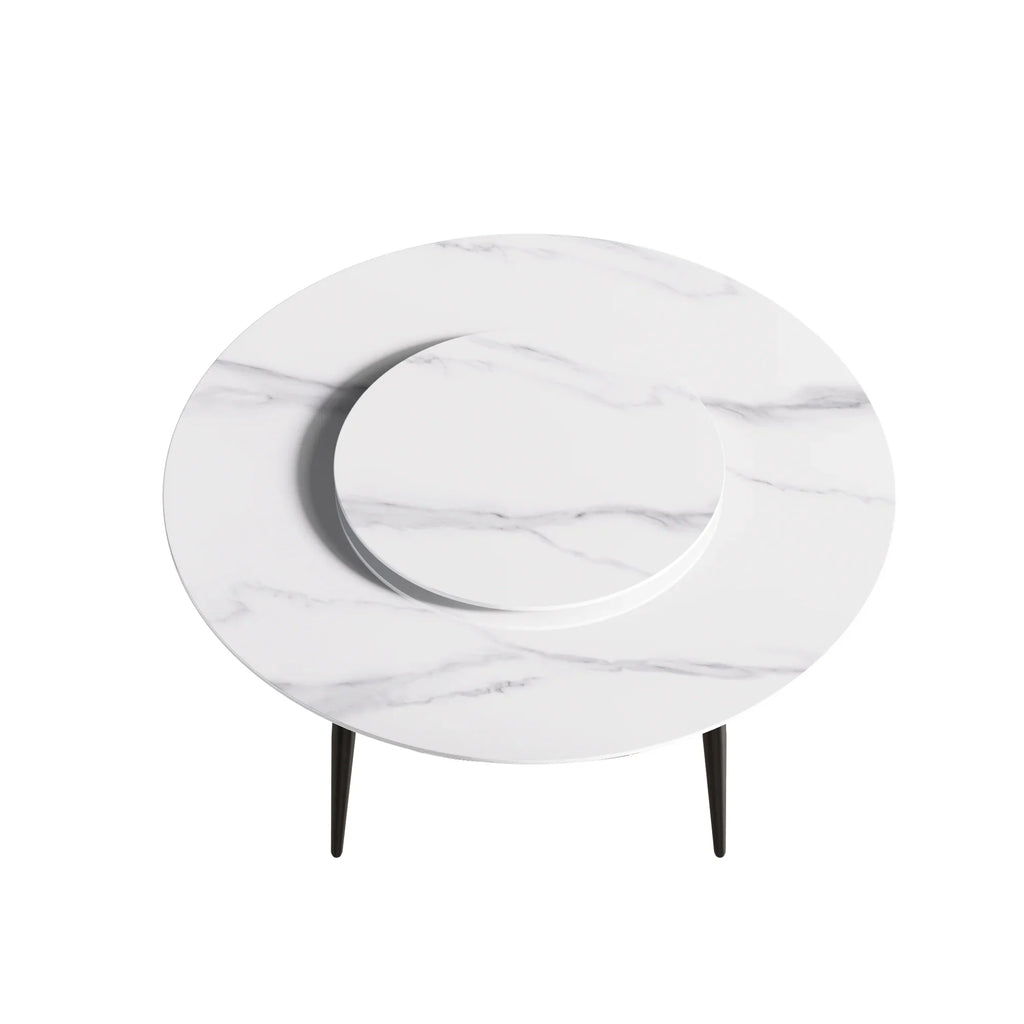 Marbella Sintered Stone Dining Table | 59" White Gloss Round With Metal Base & Lazy Susan