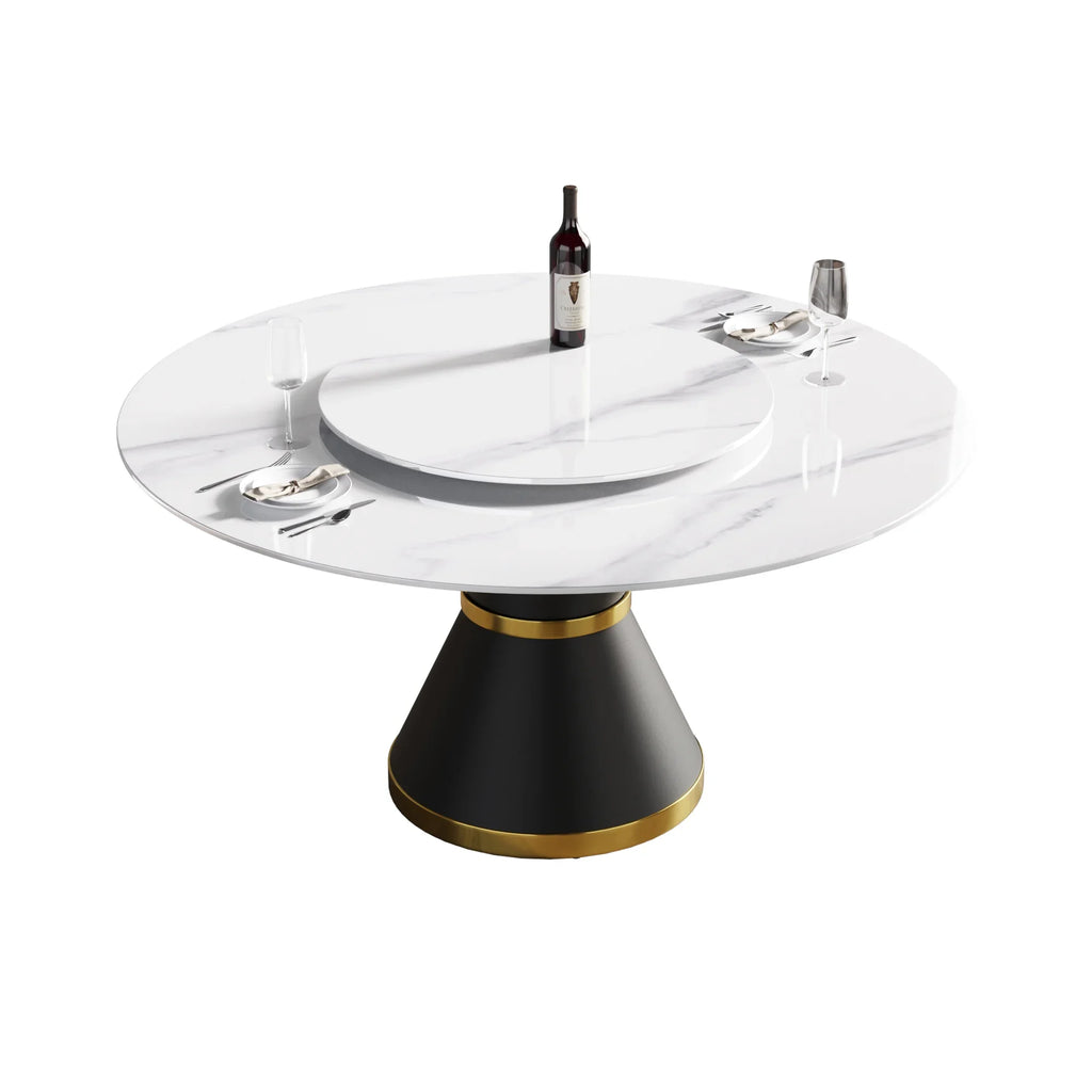 Marbella Sintered Stone Dining Table | 59" White Gloss Round With Metal Base & Lazy Susan