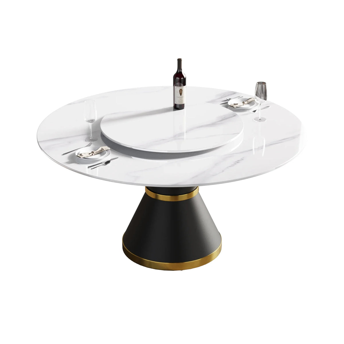 Marbella Sintered Stone Dining Table | 59" White Gloss Round With Metal Base & Lazy Susan