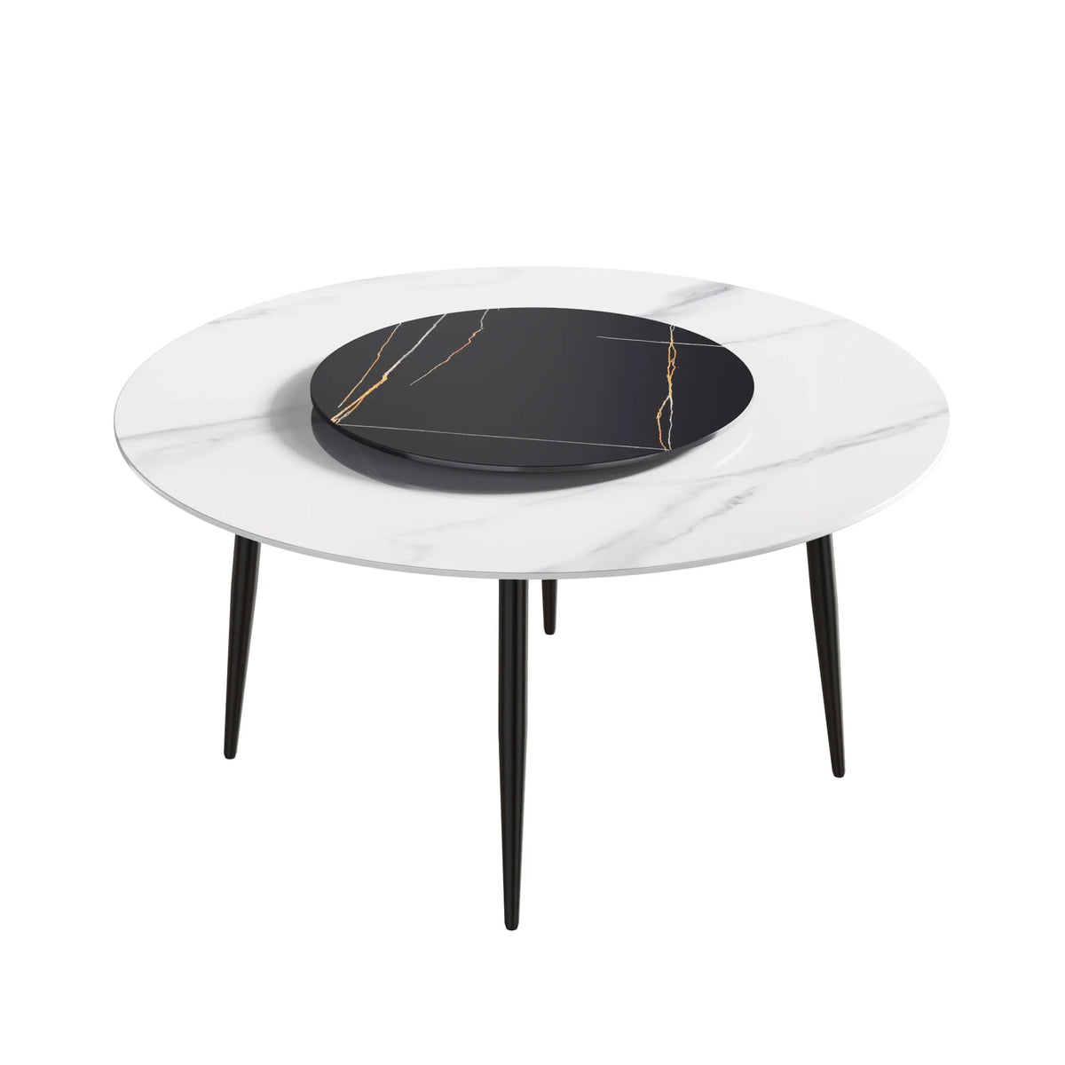 Marbella Sintered Stone Dining Table | 59" White Gloss Round With Metal Base & Lazy Susan