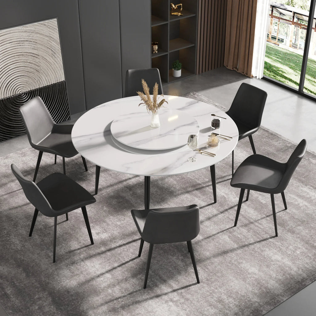 Marbella Sintered Stone Dining Table | 59" White Gloss Round With Metal Base & Lazy Susan