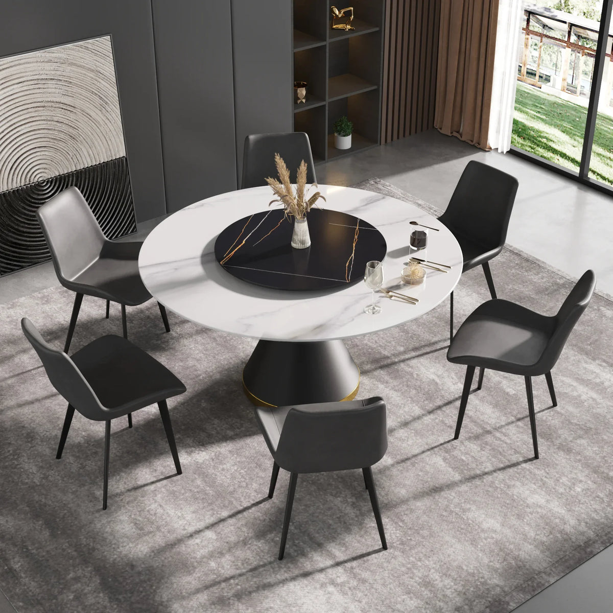 Marbella Sintered Stone Dining Table | 59" White Gloss Round With Metal Base & Lazy Susan