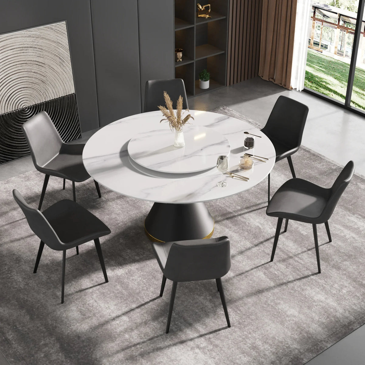 Marbella Sintered Stone Dining Table | 59" White Gloss Round With Metal Base & Lazy Susan