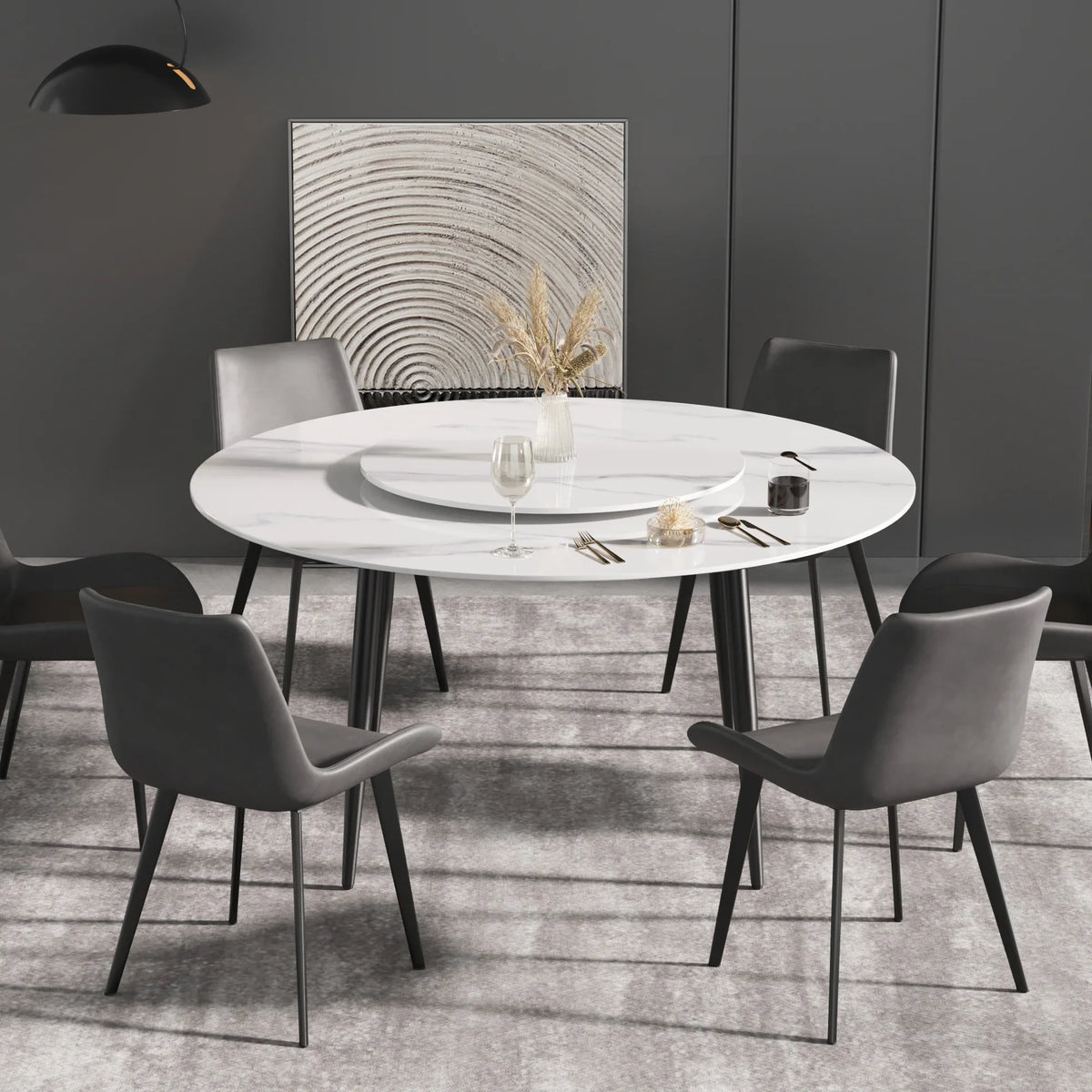 Marbella Sintered Stone Dining Table | 59" White Gloss Round With Metal Base & Lazy Susan