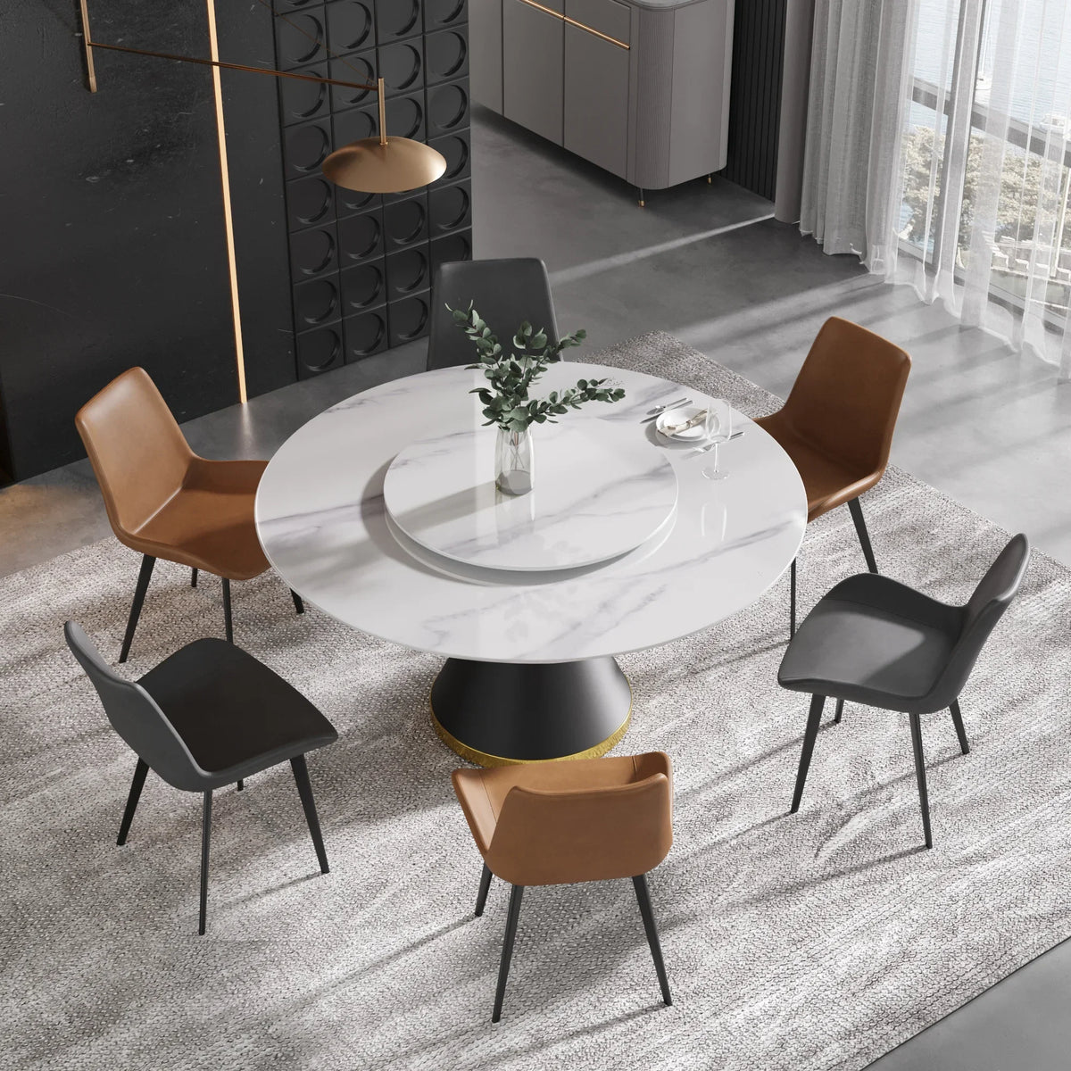 Marbella Sintered Stone Dining Table | 59" White Gloss Round With Metal Base & Lazy Susan