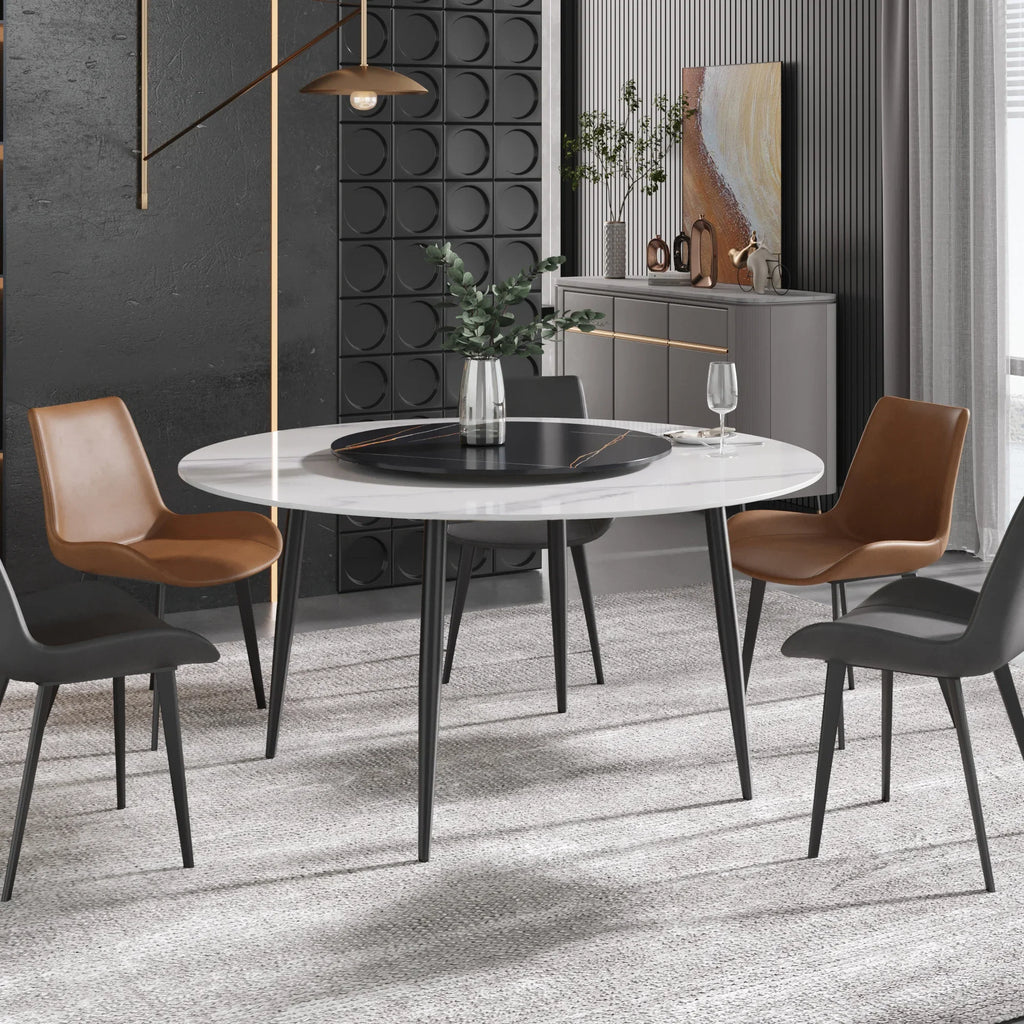 Marbella Sintered Stone Dining Table | 59" White Gloss Round With Metal Base & Lazy Susan