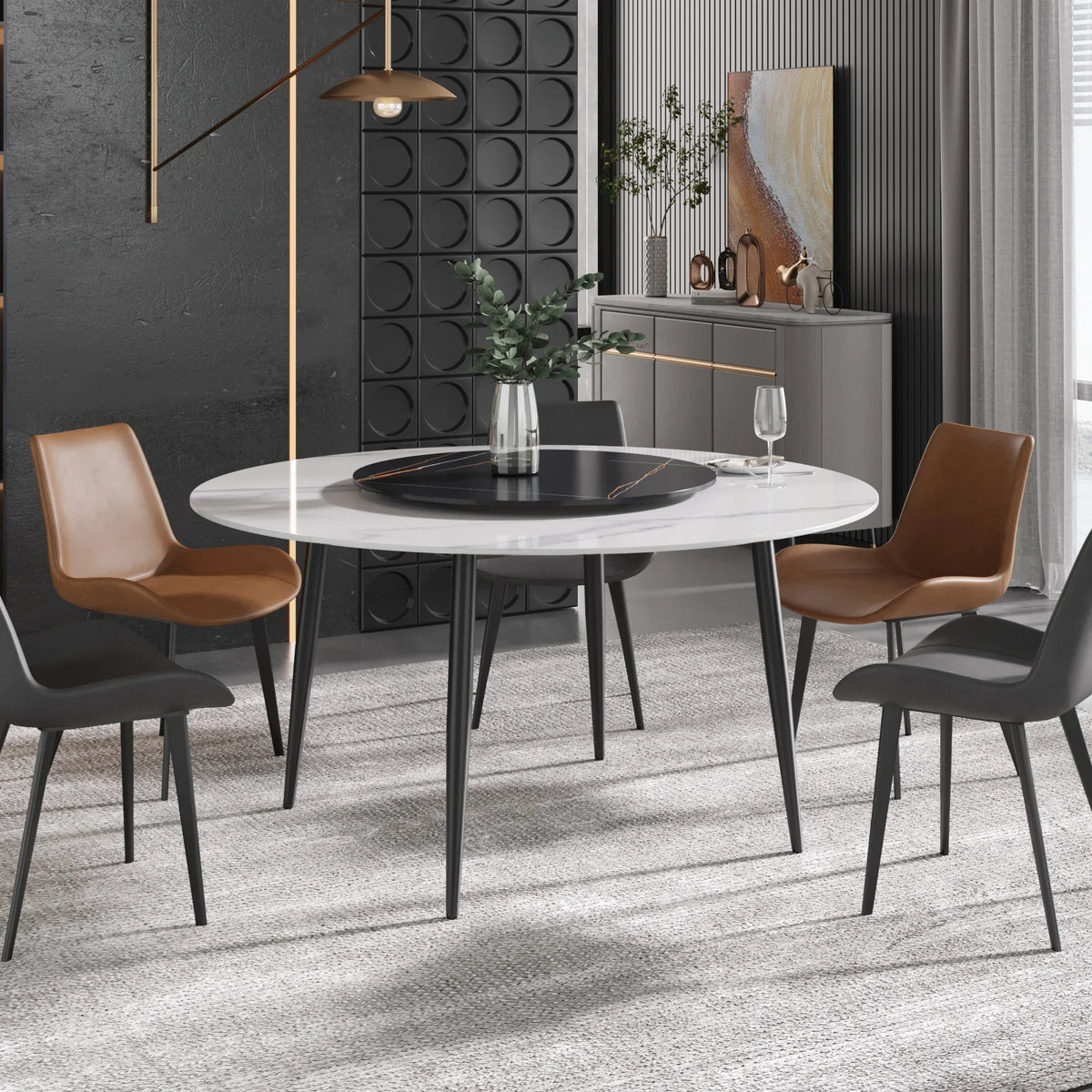 Marbella Sintered Stone Dining Table | 59" White Gloss Round With Metal Base & Lazy Susan