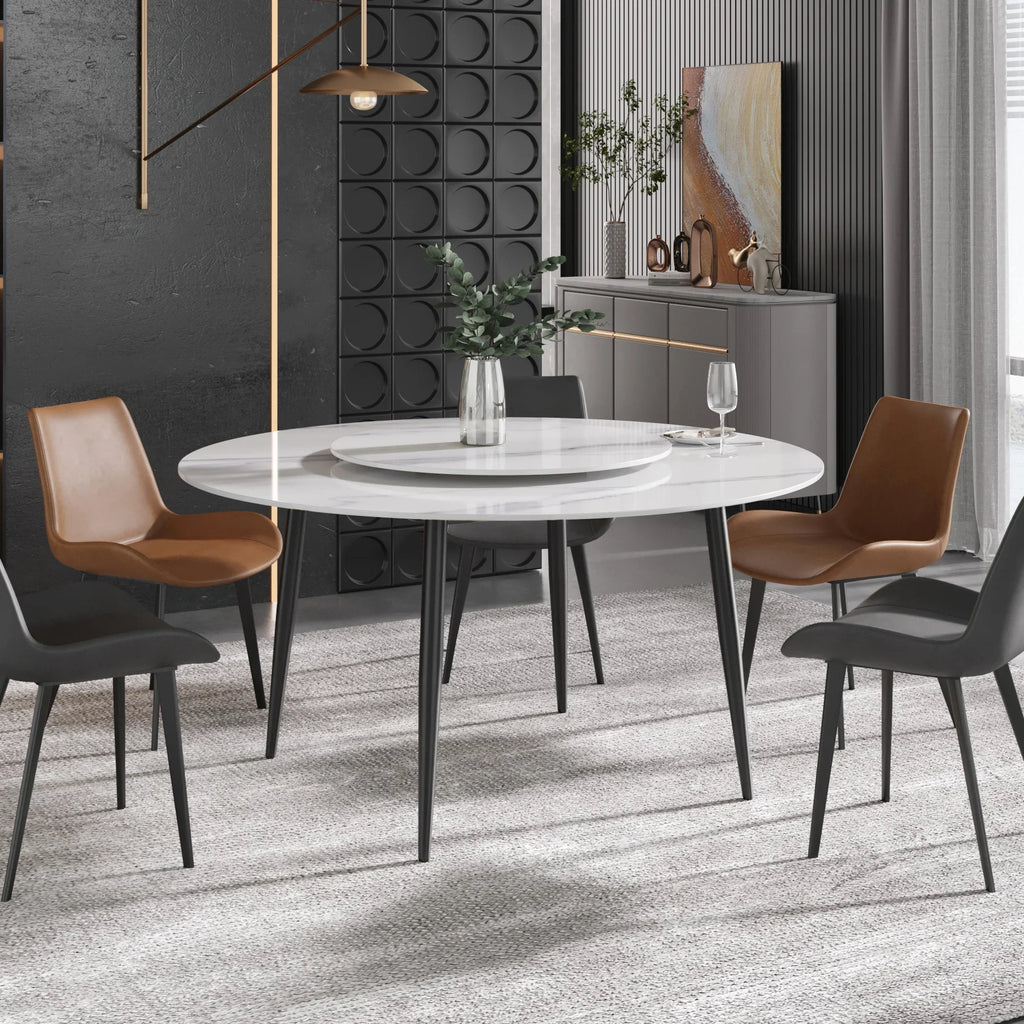 Marbella Sintered Stone Dining Table | 59" White Gloss Round With Metal Base & Lazy Susan