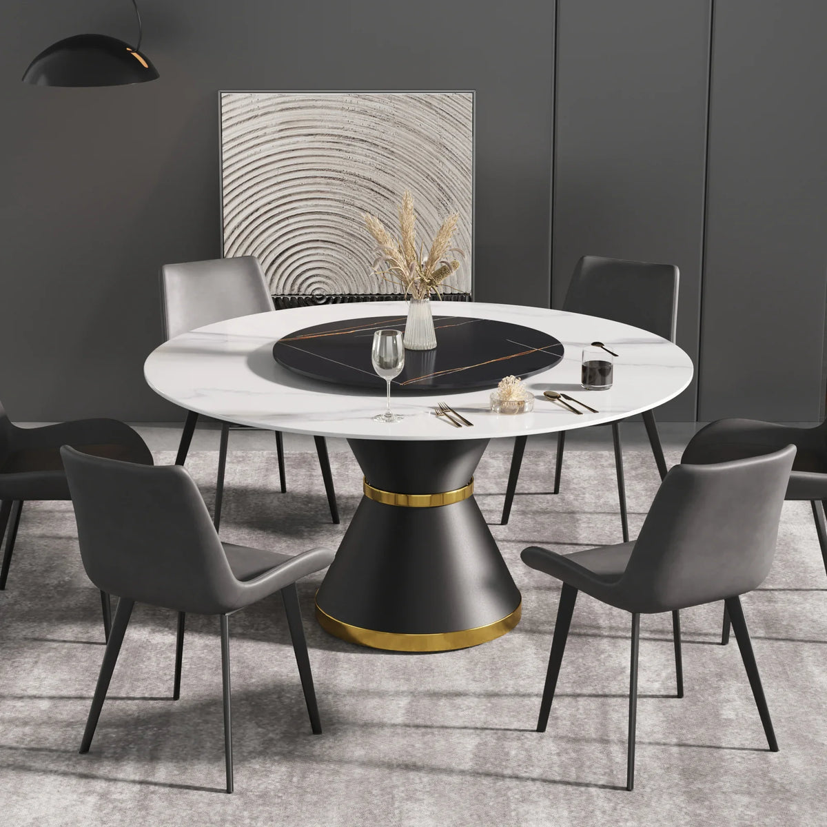 Marbella Sintered Stone Dining Table | 59" White Gloss Round With Metal Base & Lazy Susan