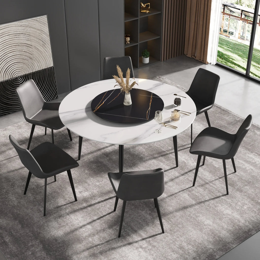 Marbella Sintered Stone Dining Table | 59" White Gloss Round With Metal Base & Lazy Susan