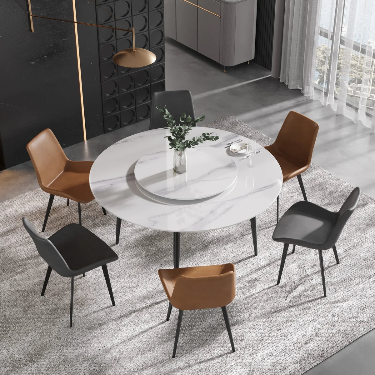 Marbella Sintered Stone Dining Table | 59" White Gloss Round With Metal Base & Lazy Susan