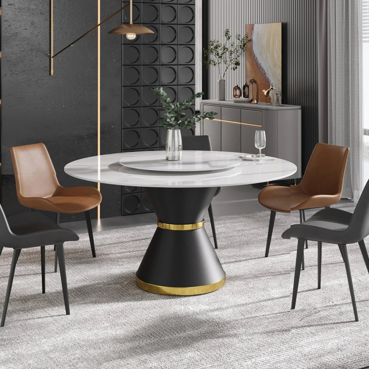 Marbella Sintered Stone Dining Table | 59" White Gloss Round With Metal Base & Lazy Susan
