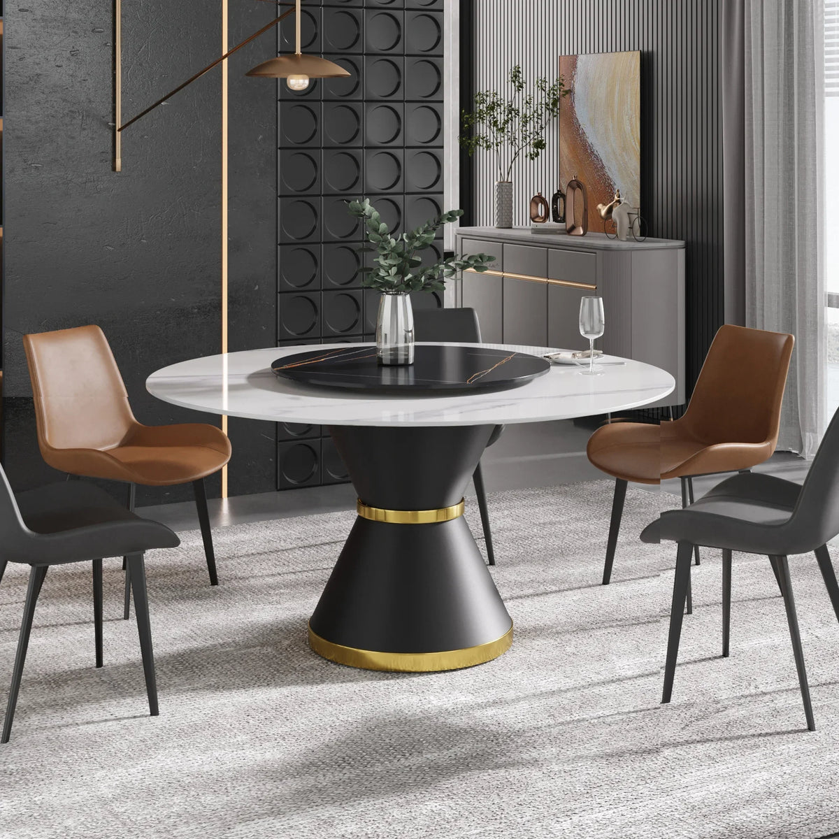 Marbella Sintered Stone Dining Table | 59" White Gloss Round With Metal Base & Lazy Susan