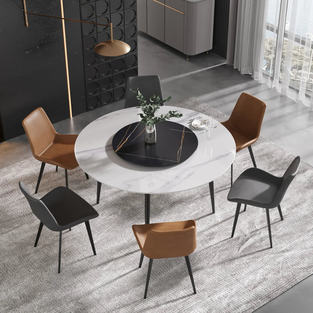 Marbella Sintered Stone Dining Table | 59" White Gloss Round With Metal Base & Lazy Susan