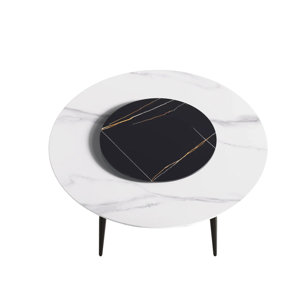 Marbella Sintered Stone Dining Table | 59" White Gloss Round With Metal Base & Lazy Susan