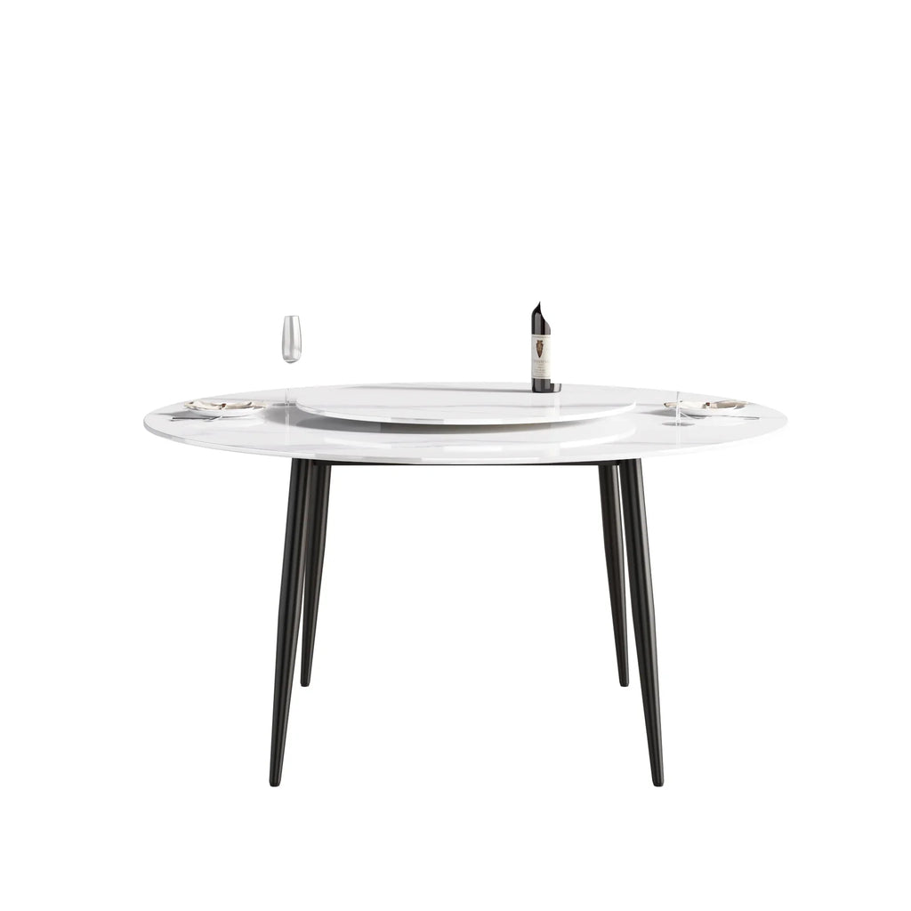 Marbella Sintered Stone Dining Table | 59" White Gloss Round With Metal Base & Lazy Susan