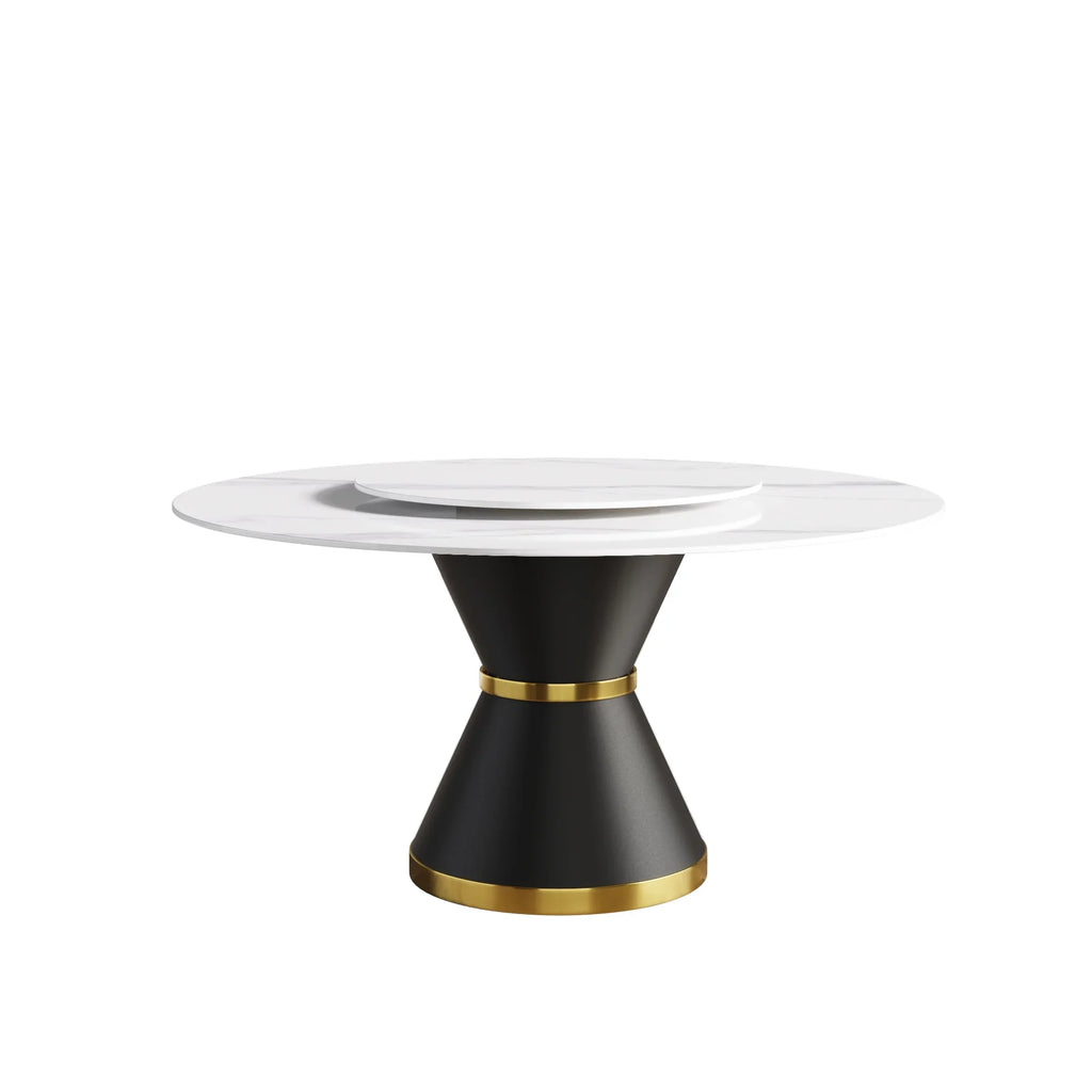 Marbella Sintered Stone Dining Table | 59" White Gloss Round With Metal Base & Lazy Susan