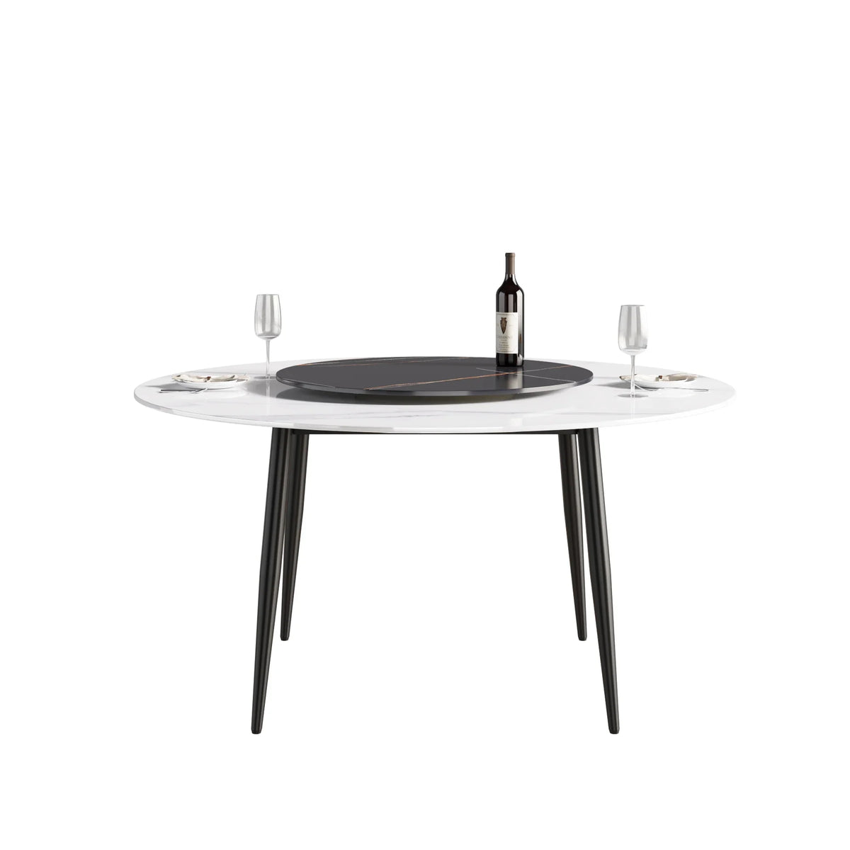 Marbella Sintered Stone Dining Table | 59" White Gloss Round With Metal Base & Lazy Susan