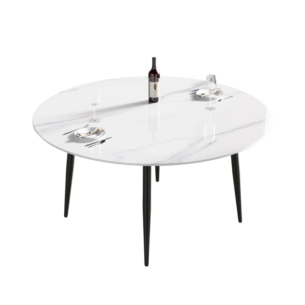 Marbella Sintered Stone Dining Table | 59" White Gloss Round With Metal Base