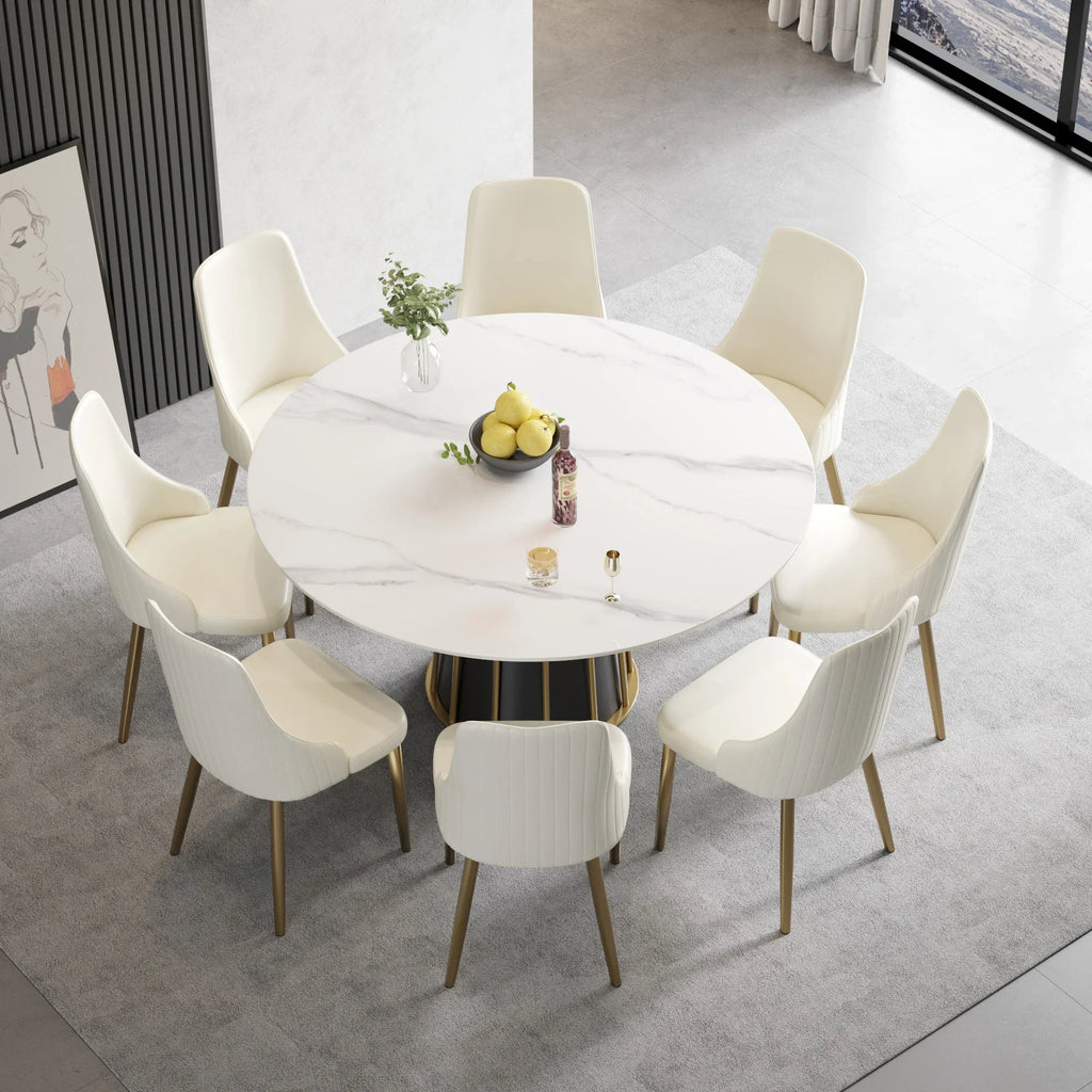 Marbella Sintered Stone Dining Table | 59" White Gloss Round With Metal Base