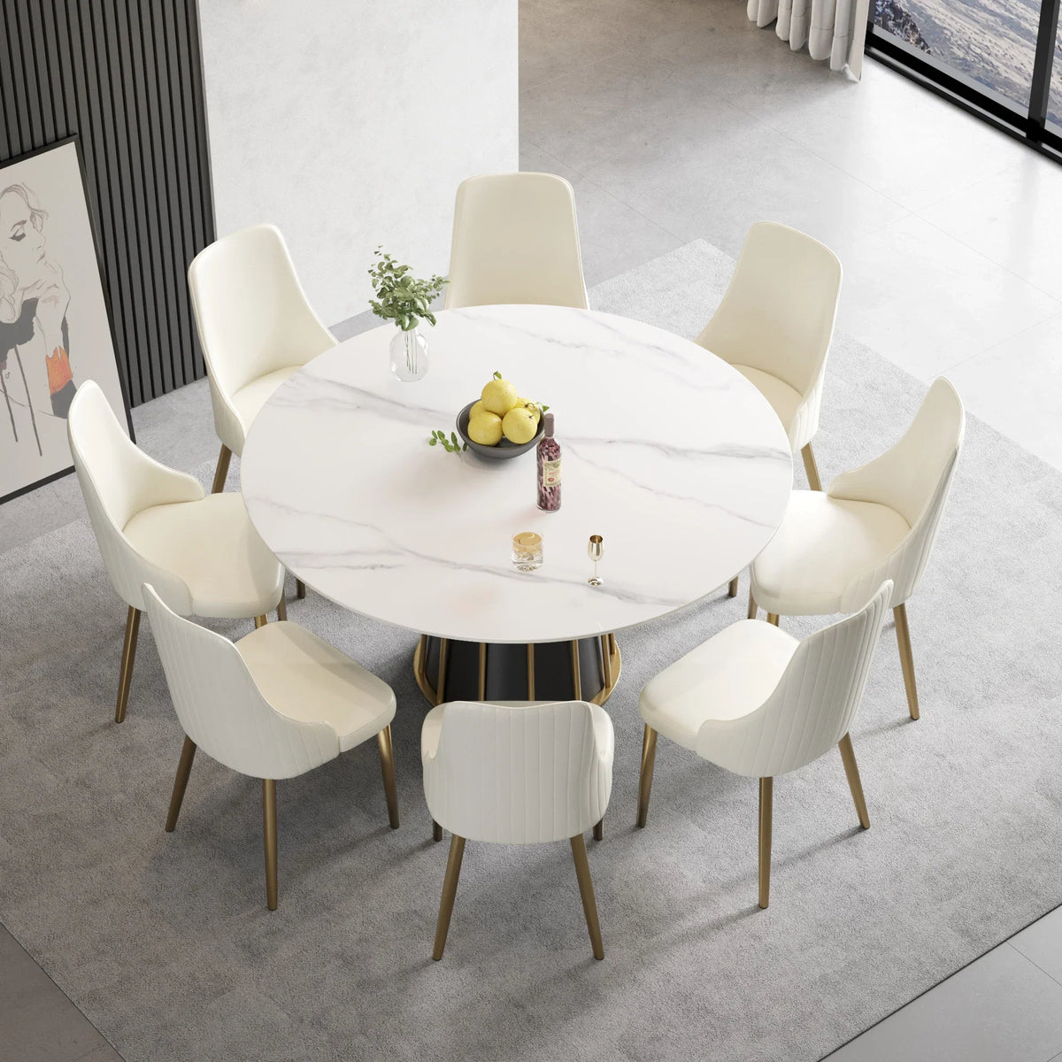 Marbella Sintered Stone Dining Table | 59" White Gloss Round With Metal Base