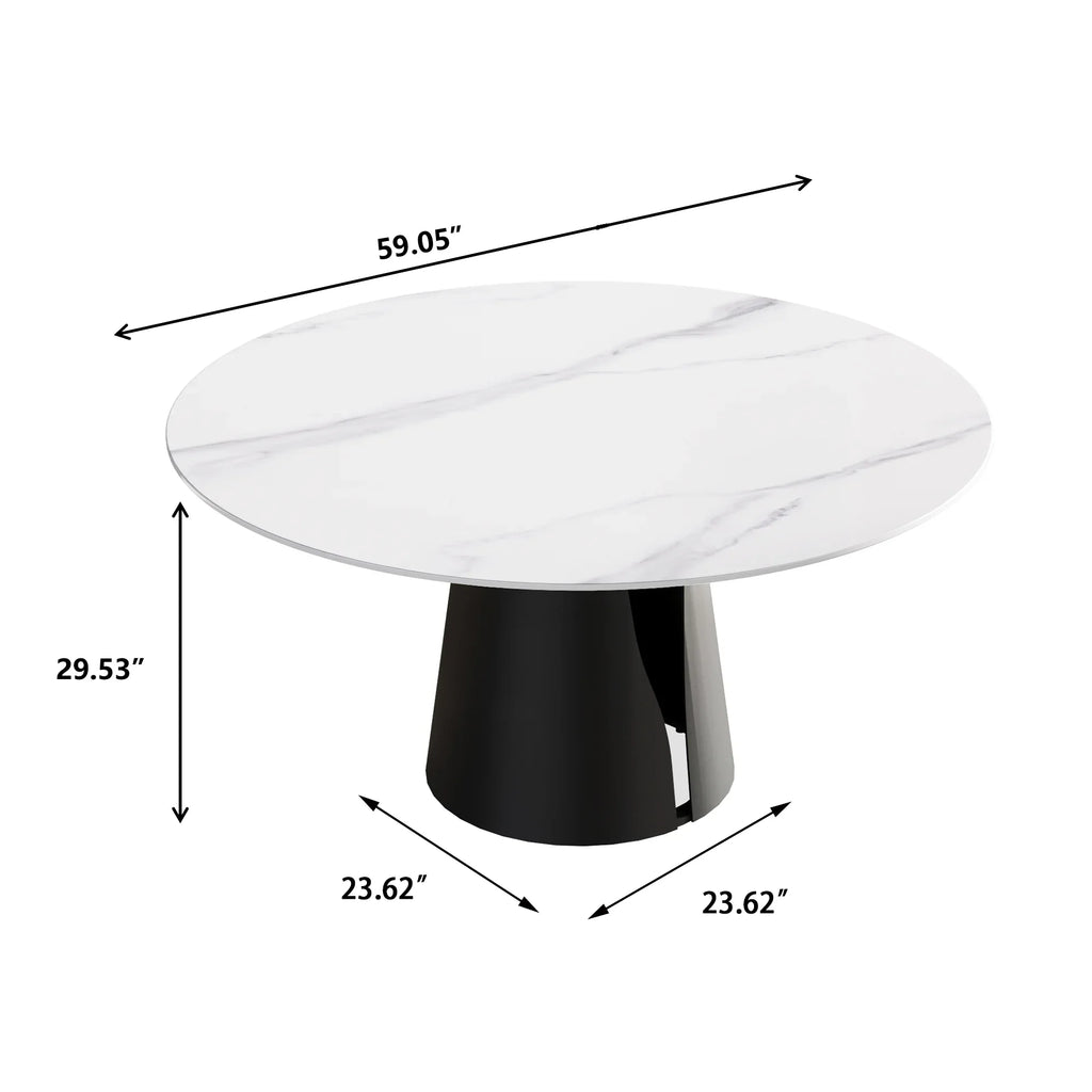 Marbella Sintered Stone Dining Table | 59" White Gloss Round With Metal Base