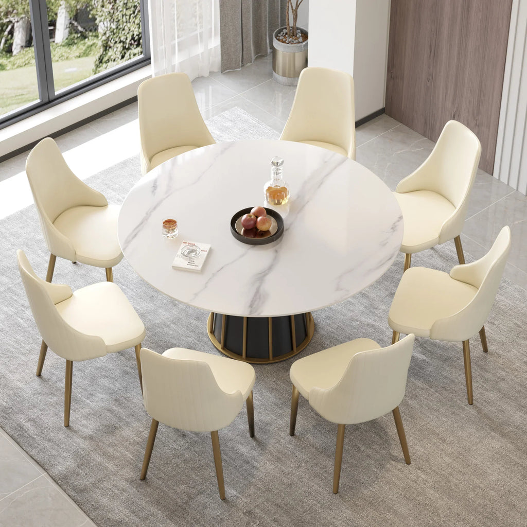 Marbella Sintered Stone Dining Table | 59" White Gloss Round With Metal Base
