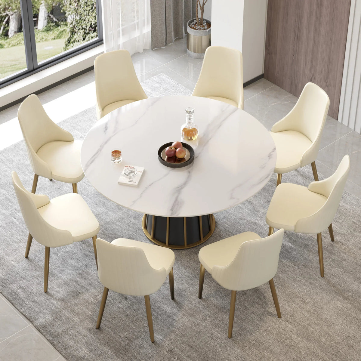 Marbella Sintered Stone Dining Table | 59" White Gloss Round With Metal Base