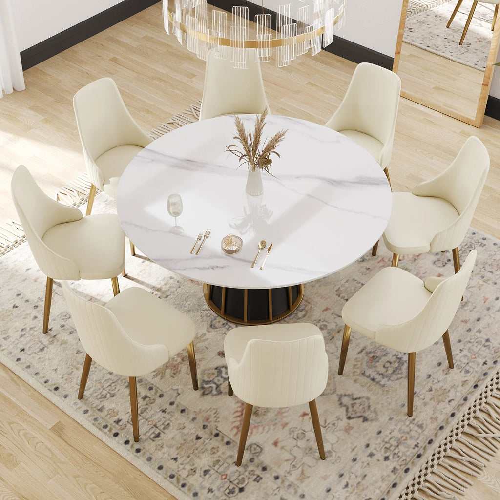 Marbella Sintered Stone Dining Table | 59" White Gloss Round With Metal Base