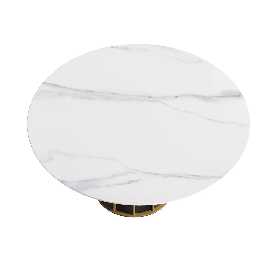 Marbella Sintered Stone Dining Table | 59" White Gloss Round With Metal Base