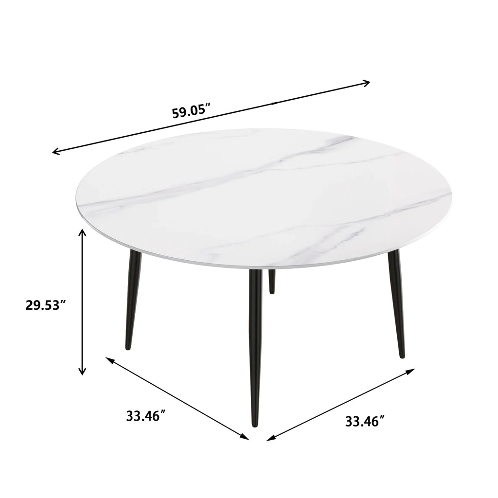 Marbella Sintered Stone Dining Table | 59" White Gloss Round With Metal Base